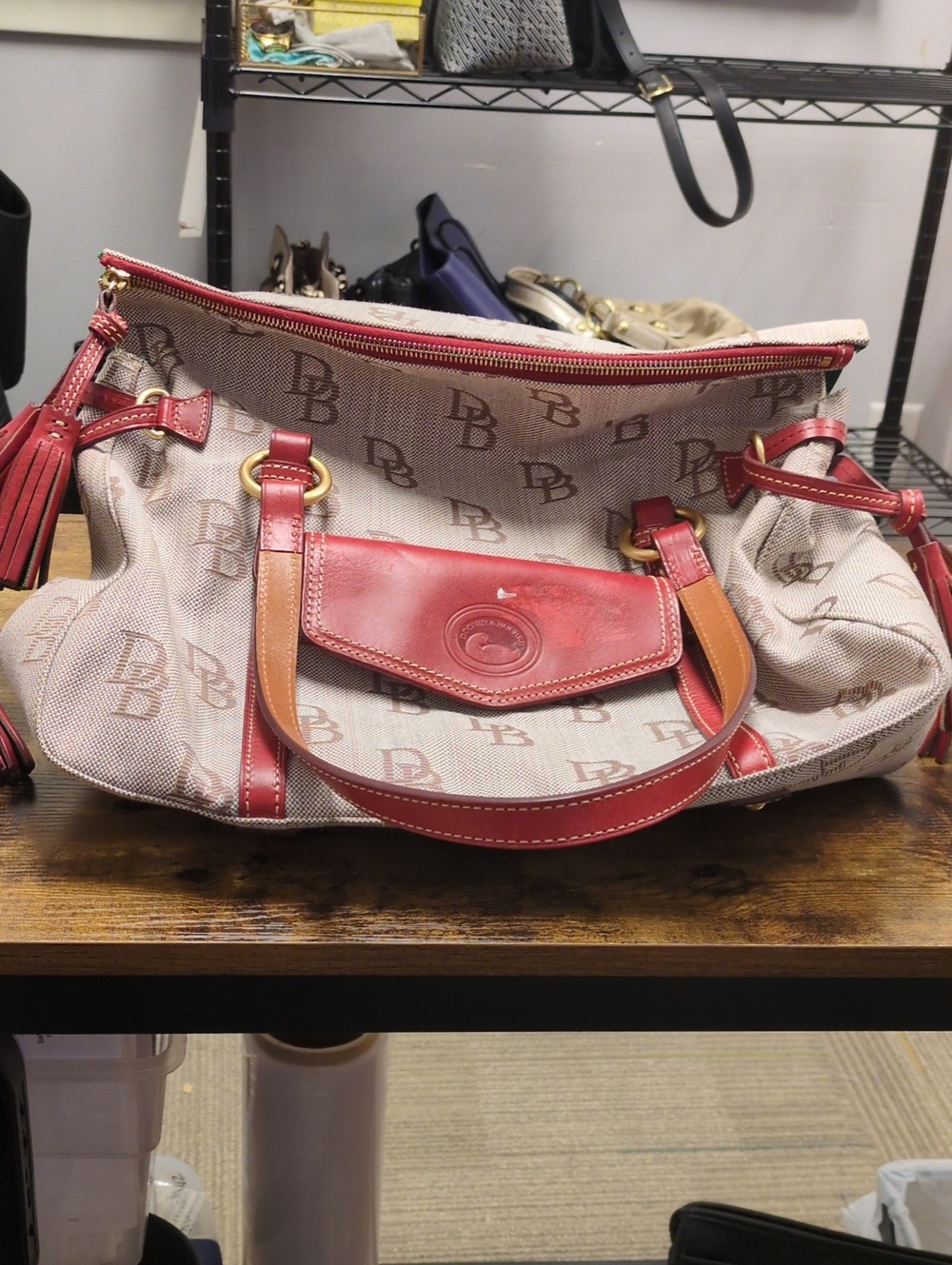 Dooney & Bourke Beige Monogram Shoulder Bag with Red and Tan Leather Trim